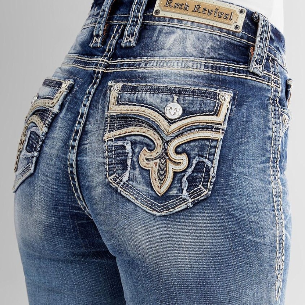 Rock Revival Distressed Blue Jeans with Embroidered Pockets